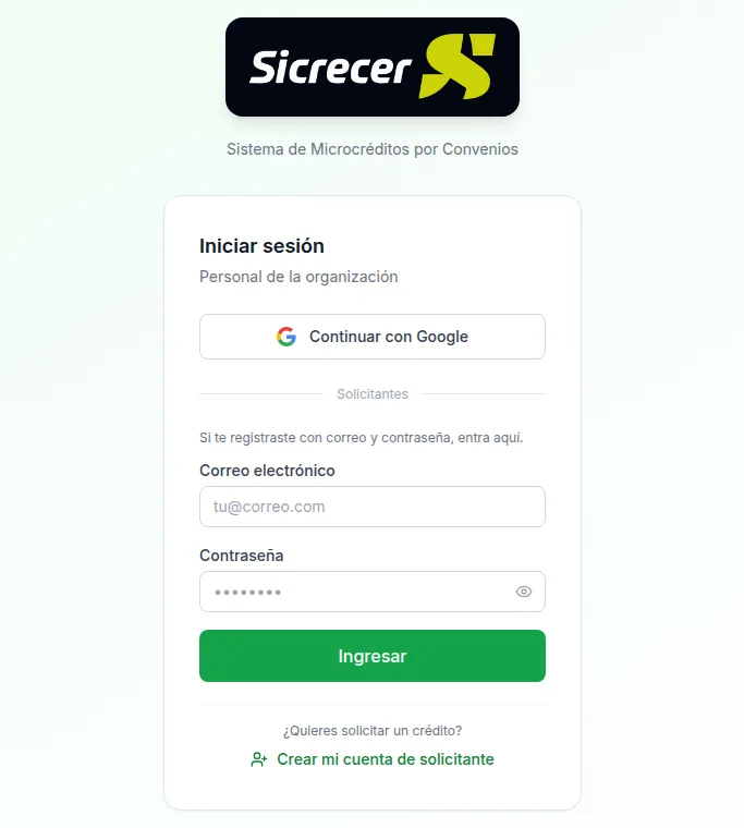 Pantalla de acceso de la plataforma SiCrecer