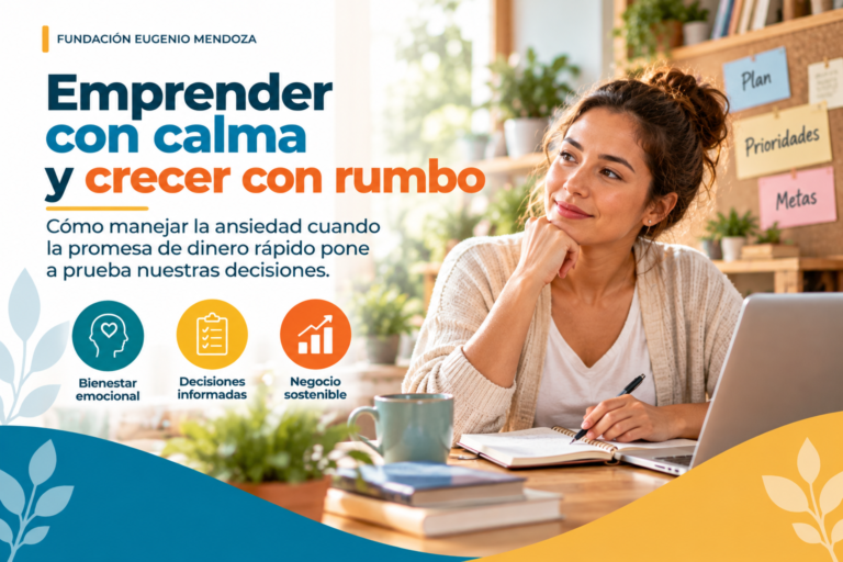 Emprendedora evaluando decisiones de negocio con calma y planificación — Fundación Eugenio Mendoza