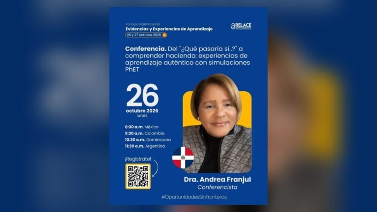 Portada: conferencia de la Dra. Andrea Franjul sobre simulaciones PhET, 26 de octubre de 2026, Expo RELACE