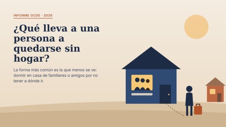 Ilustración de una casa con varias personas en una ventana y una persona con maleta fuera, mirando hacia ella